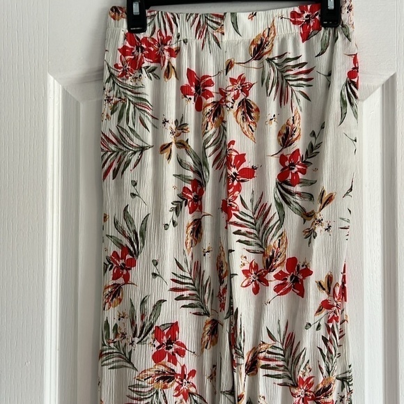 White floral linen pants elastic waist & pockets size medium red & orange - Picture 4 of 13